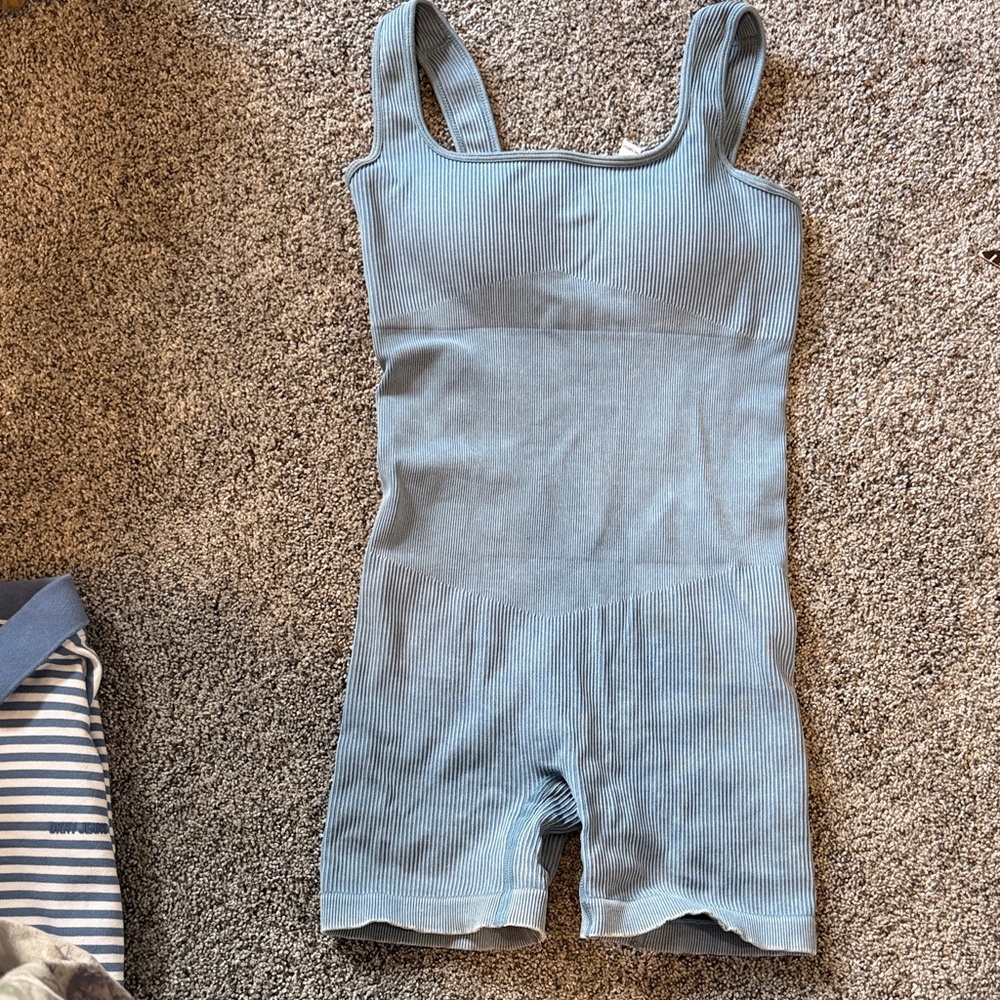 Blue Ribbed Women's Bodysuit